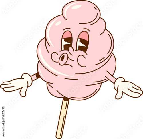Cartoon groovy cotton candy fast food character. Isolated vector funny hippie dessert, sweet pink, fluffy, retro treat personage with sugar spun tendrils and sneakers embodying sugary funfair joy