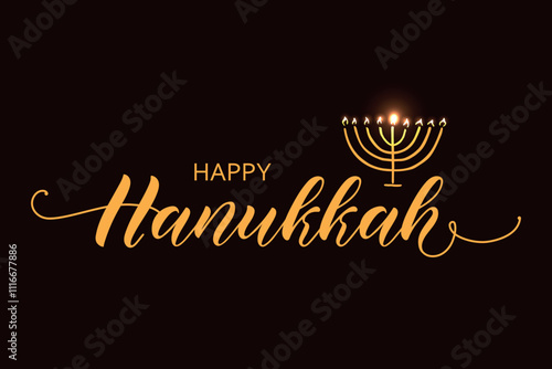 Happy Hanukkah handwritten text. Modern brush calligraphy, hand lettering typography. Vector illustration for Jewish holiday. Greeting card, poster, banner. Golden textured letters on dark background