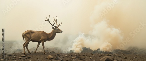 Majestic Deer Standing Stoically Amid Wildfire Smoke Against Barren Landscape photo