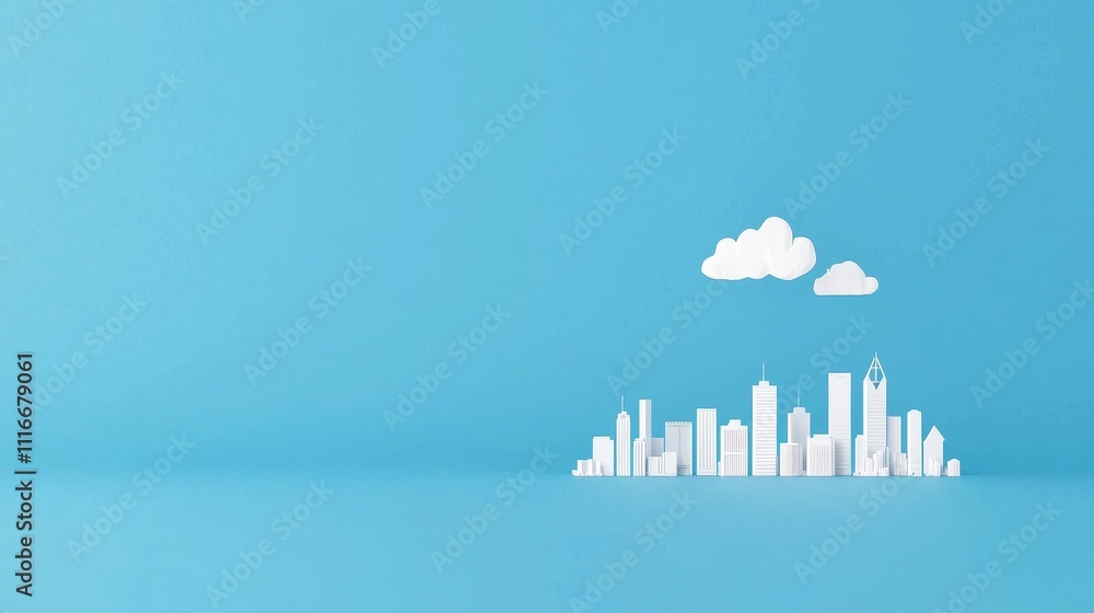 Fototapeta premium Urban skyline illustration minimalist design digital art bright blue background aesthetic view city concept