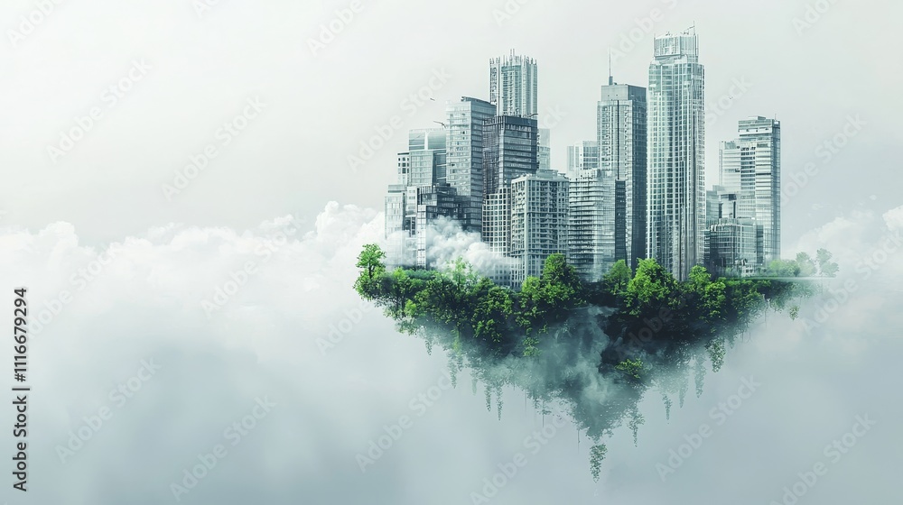 Fototapeta premium Urban oasis futuristic cityscape surrounded by clouds digital art atmospheric environment aerial view nature and technology fusion