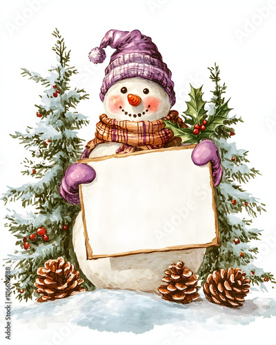 A joyful snowman with a purple hat and scarf holds a blank sign amidst snowy pine trees.
