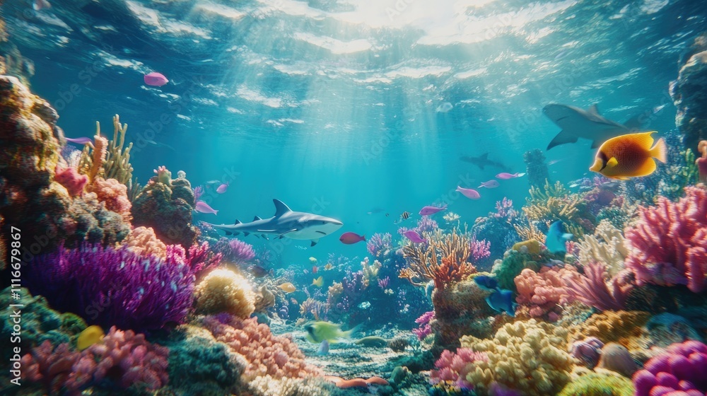 Naklejka premium Vibrant Coral Reef With Sharks And Colorful Fish