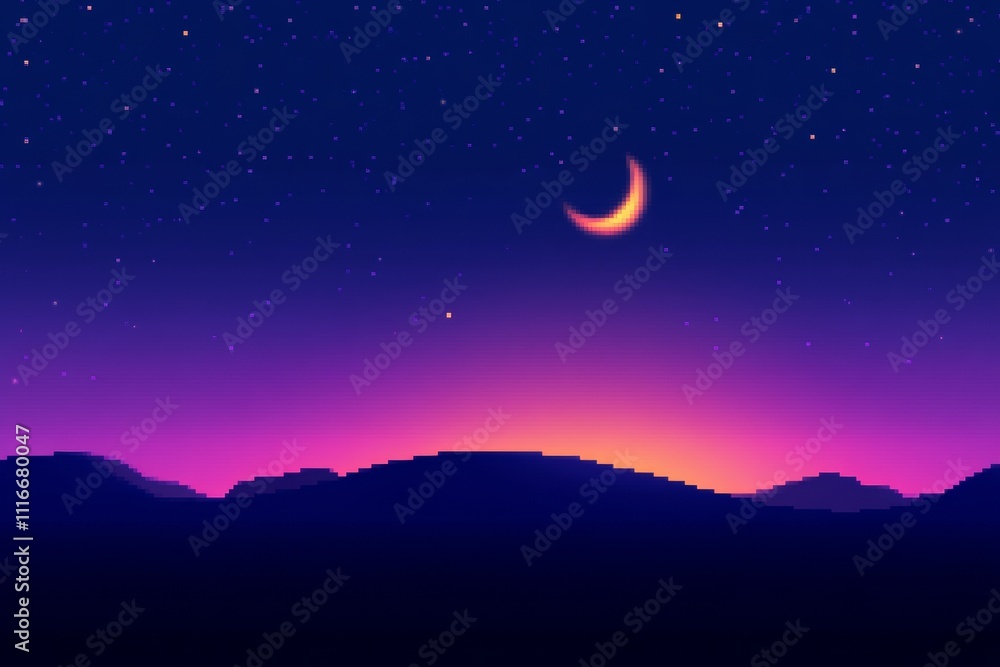 A beautiful night sky with a large crescent moon, pixel art 8 bit A beautiful night sky with a large crescent moon, pixel art 8 bit