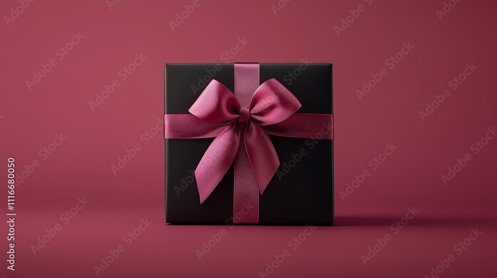 Top view of a gift box wrapped in paper with a pink ribbon on a red background. Top view of a gift box wrapped in paper with a pink ribbon on a red background.