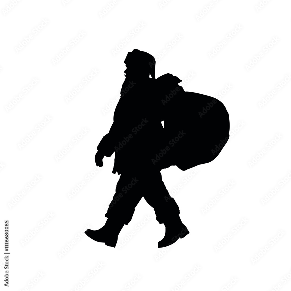 silhouette of walking santa claus carrying a bag with gifts - vector illustration