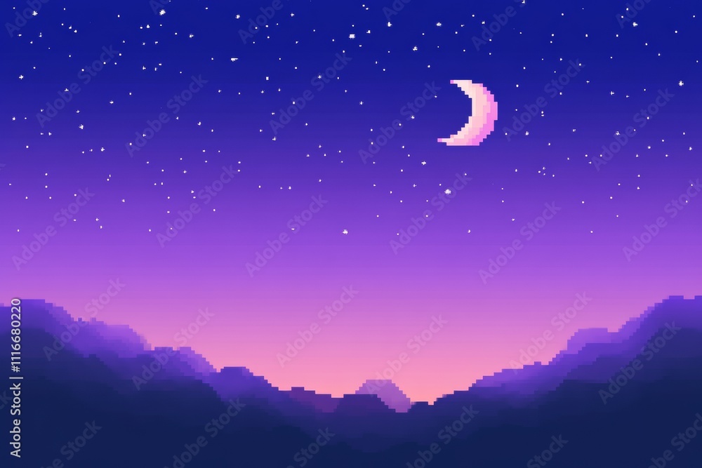 Obraz premium A computer generated image of a purple sky with a large moon, pixel art 8 bit