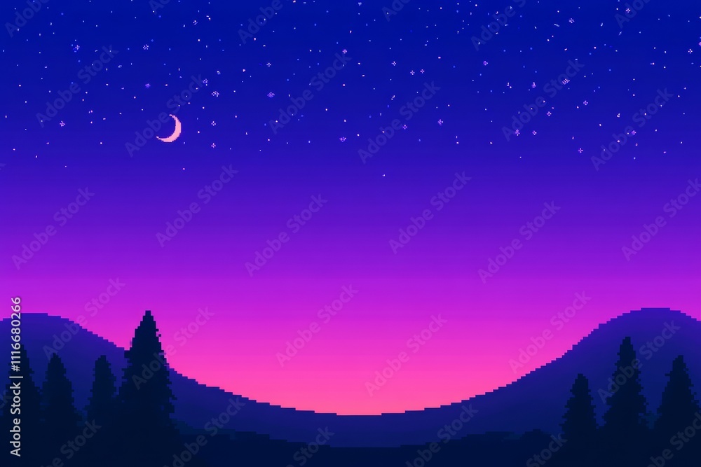 A beautiful night sky with a crescent moon and stars, pixel art 8 bit A beautiful night sky with a crescent moon and stars, pixel art 8 bit