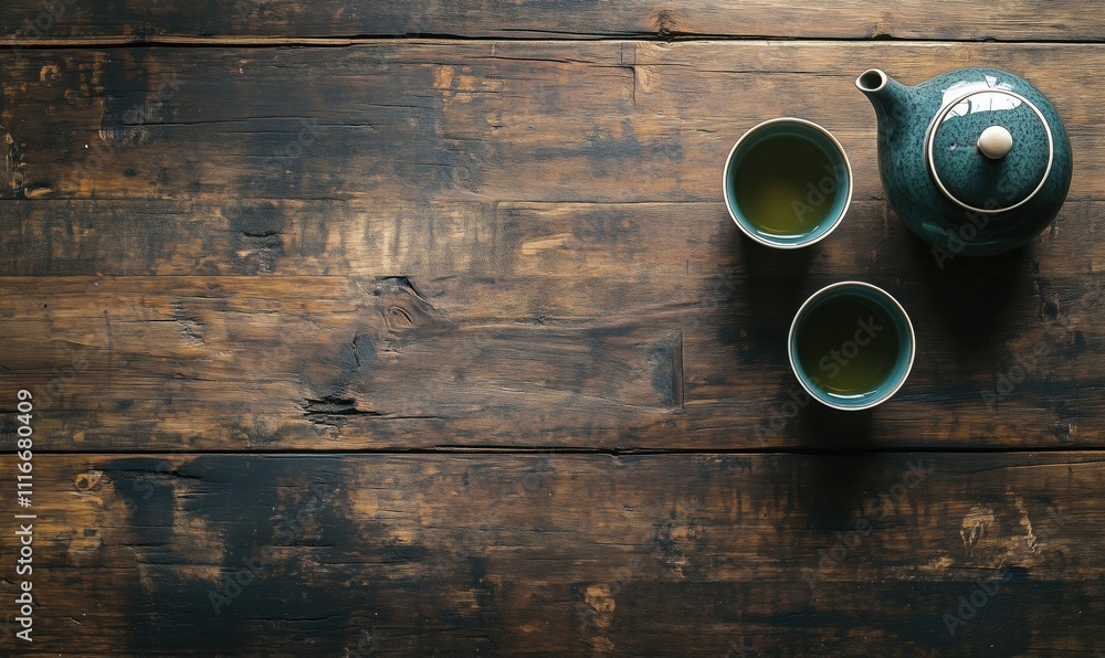 Tea set on wooden table, green tea in cups, teapot, rustic ambiance Tea set on wooden table, green tea in cups, teapot, rustic ambiance