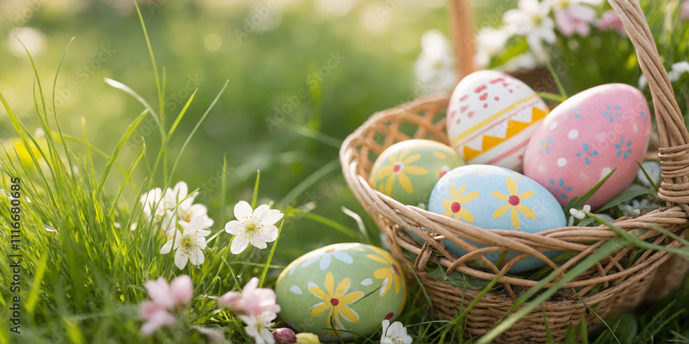 Fototapeta premium Easter Eggs on Fresh Spring Grass with a Festive Atmosphere