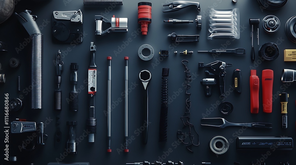 A Flatlay of Tools, Equipment, and Parts for a Mechanic A Flatlay of Tools, Equipment, and Parts for a Mechanic