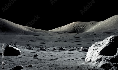 Lunar landscape with craters and rocks, showcasing rugged terrain and shadows, stark contrast of light and dark photo