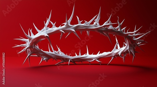 A simple, white, circular crown of thorns on a plain red background.