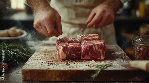 Fototapeta Naklejka Na Ścianę i Meble -  Chef Seasoning Raw Steaks with Salt on Cutting Board