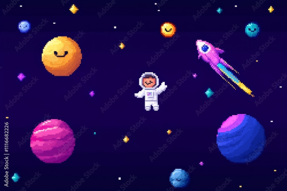 Naklejka premium A colorful space scene with a man in a spacesuit floating in the middle, pixel art 8 bit