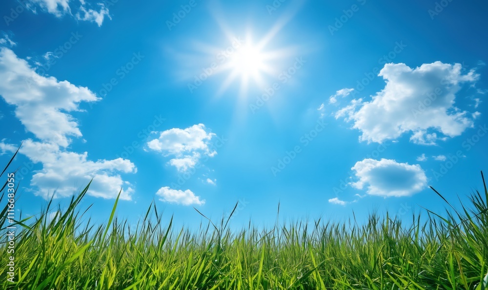 Bright sunny sky with lush green grass, vibrant blue background, fluffy clouds, and radiant sunlight Bright sunny sky with lush green grass, vibrant blue background, fluffy clouds, and radiant sunlight