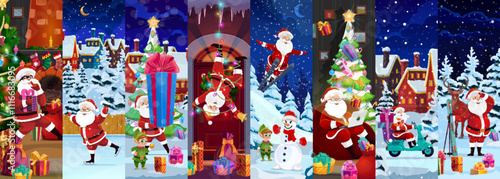 Christmas Santa Claus characters collage. Vector scenes featuring cartoon santa in festive holiday activities like gift delivery, skiing and spending time with elves and snowmen at snowy landscapes
