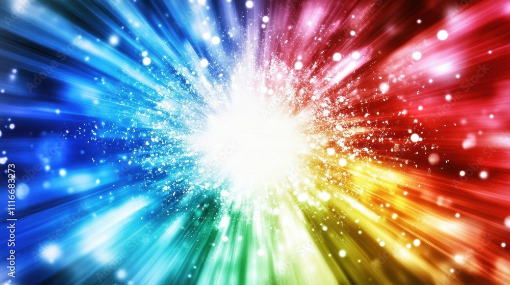 Naklejka premium Vibrant rainbow explosion with bright light and sparkles.