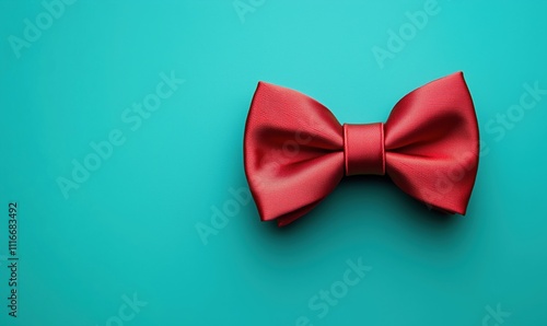 Red bow tie on turquoise background, elegant accessory, smooth texture, vibrant color contrast