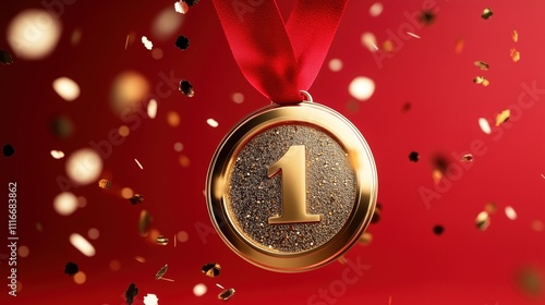 Shiny gold medal with the number one and red ribbon, surrounded by falling confetti on a vibrant red background. Concept of achievement, success, and celebration.