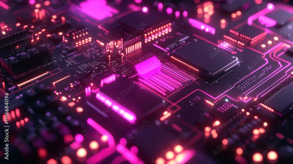 Close-up of a Circuit Board with Glowing Pink and Red Lines Close-up of a Circuit Board with Glowing Pink and Red Lines