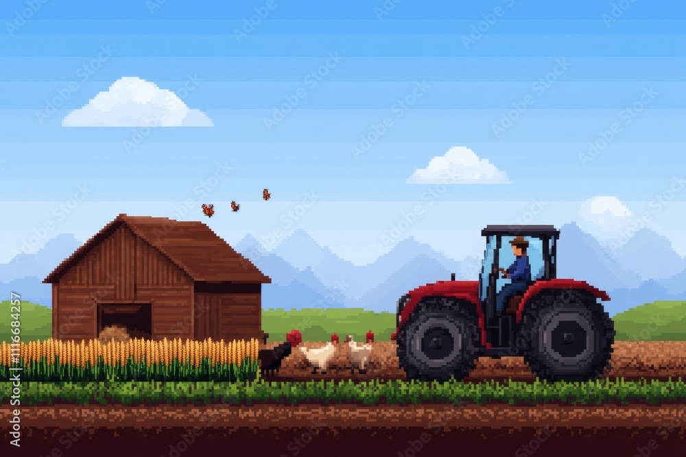 Naklejka premium A man is driving a tractor in a field with chickens, pixel art 8 bit