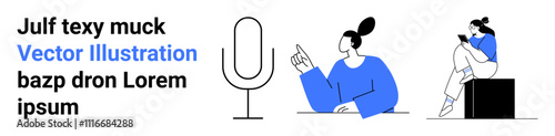 Woman pointing at a large microphone, another woman sitting on a box using a smartphone. Ideal for podcasts, communication, technology, content creation, social media, digital media, modern