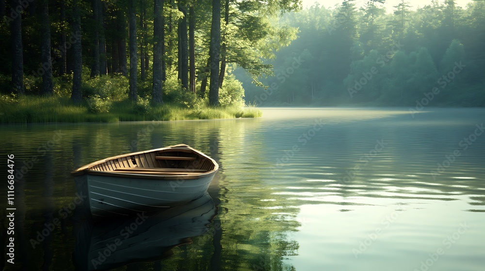 A serene boat floats on a calm lake surrounded by lush trees in soft morning light. A serene boat floats on a calm lake surrounded by lush trees in soft morning light.