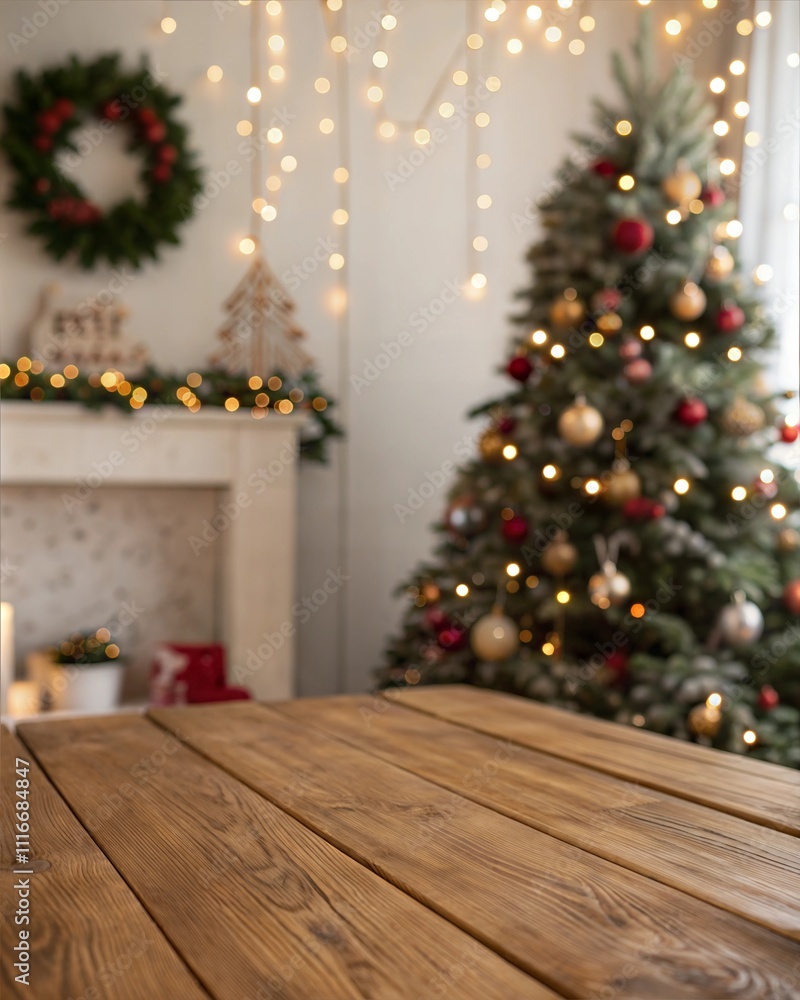 A beautifully decorated living space features a sparkling Christmas tree adorned with ornaments and lights. A empty wooden table in the foreground. Product presentation template. AI A beautifully decorated living space features a sparkling Christmas tree adorned with ornaments and lights. A empty wooden table in the foreground. Product presentation template. AI