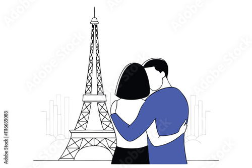 Lovely couple in front of Eiffel Tower vector flat illustration