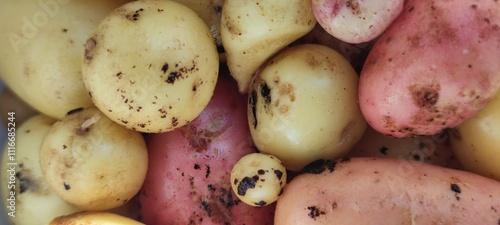 Young potatoes in a bucket. There are young potatoes in a white plastic bucket, the vegetables have just been dug up, washed and put into the bucket. The potatoes are of different varieties and sizes. photo