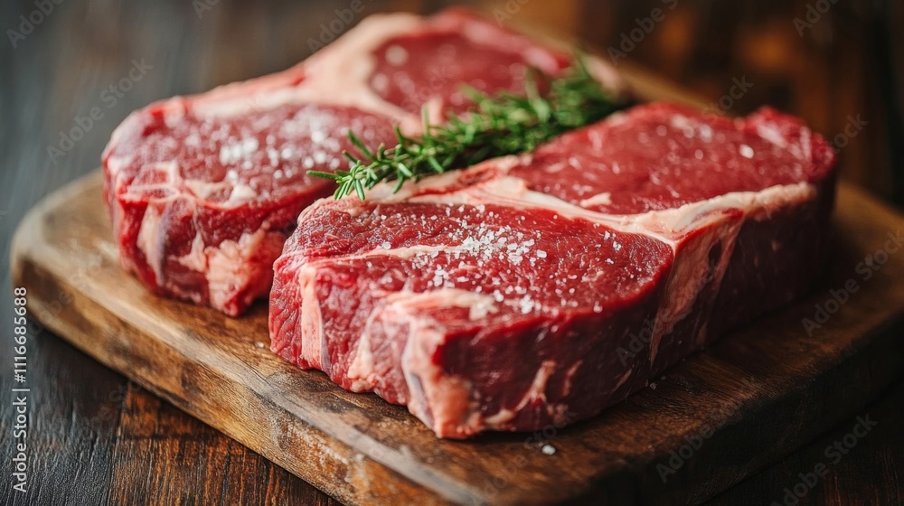 Fototapeta premium Two Raw Ribeye Steaks with Salt and Rosemary on a Wooden Cutting Board