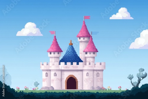 Wallpaper Mural A castle with a blue roof and pink towers, pixel art 8 bit Torontodigital.ca
