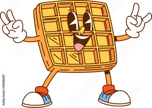 Cartoon groovy Belgian waffle fast food character with peace signs. Isolated vector wafer, cute fresh appetizer retro y2k personage with smiling face. Freshly baked confectionery, funky pastry snack