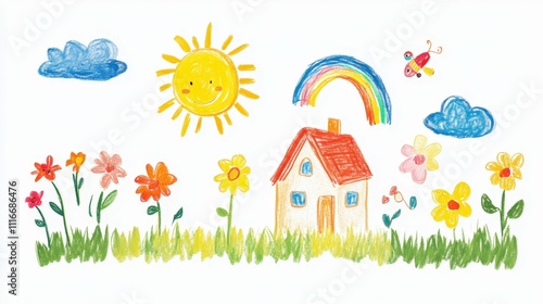 children drawing a house, flowers, sun, and rainbow on a white background, vibrant and colorful minimalistic design