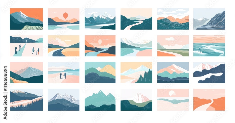 Naklejka premium Collection of Artistic Minimalist Landscape Illustrations