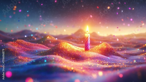 A dreamy birthday card showing a giant glowing candle floating in a fantasy landscape, with hills made of colorful confetti, photo