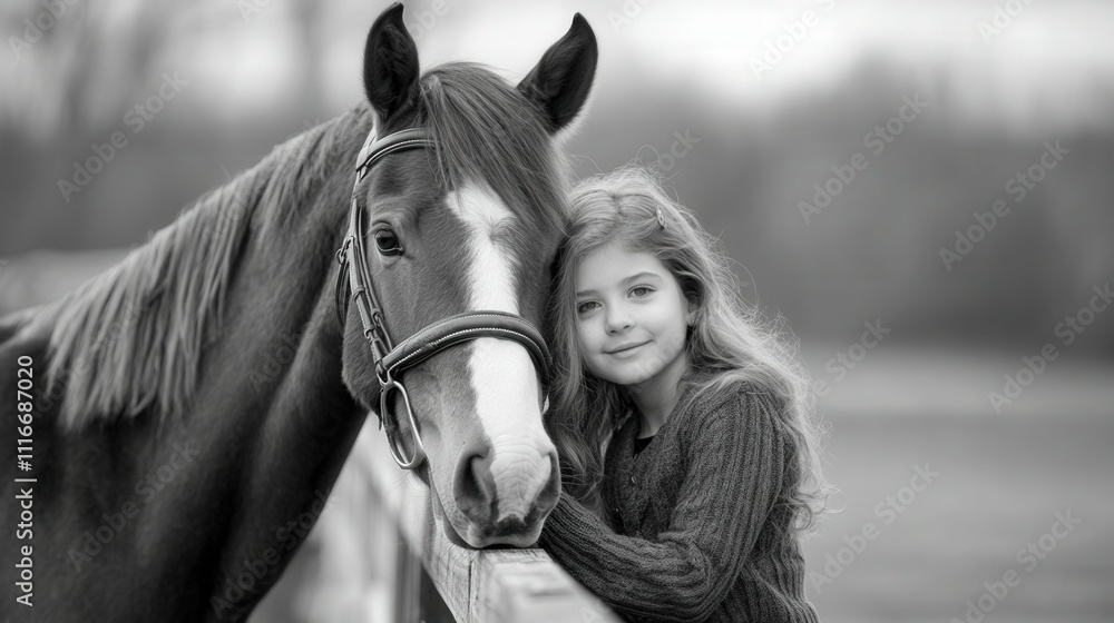 Obraz premium young girl sitting on a fence next to a horse, the horse nuzzling her shoulder affectionately, ,