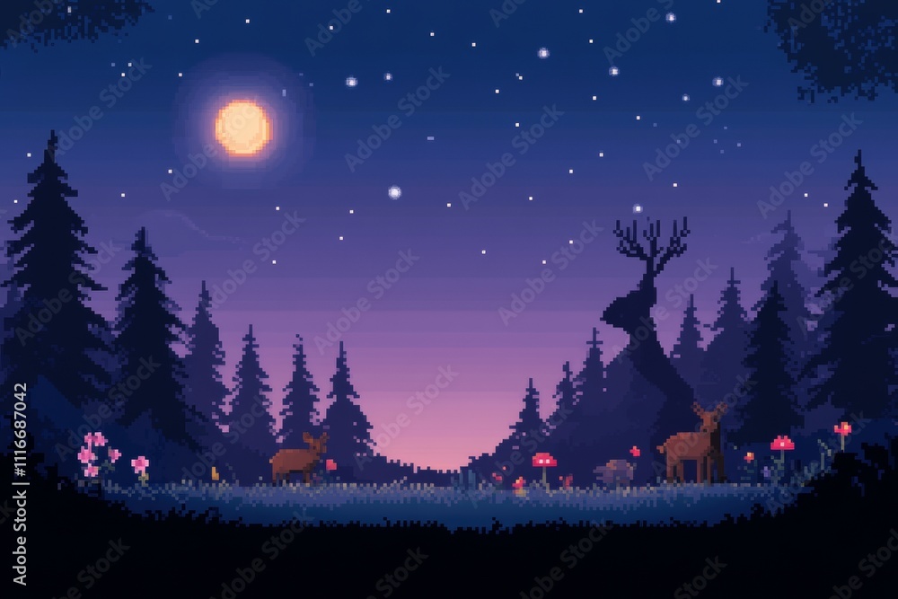 Fototapeta premium A computer generated image of a forest at night with a full moon in the sky, pixel art 8 bit