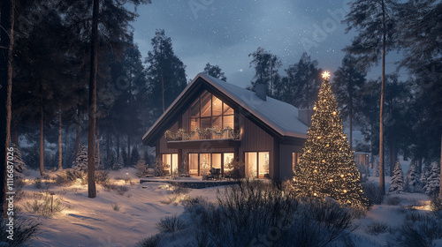 Cozy winter cabin with Christmas tree in snowy forest setting.  Warm lights and decorated for Christmas