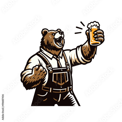 Festive Bear in Overalls Raising Beer Mug - Isolated Vector Illustration: A charming bear wearing overalls, raising a frothy beer mug in a toast. Ideal for brewery branding and celebratory themes.