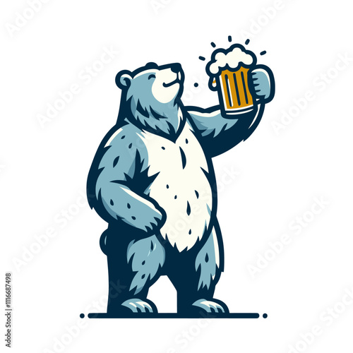  A cheerful bear raising a frothy beer mug in celebration, standing proudly. Ideal for brewery, pub, or festival designs, symbolizing joy and celebration.