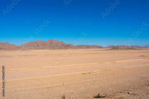 Road in middle of desert near Hurghada Egypt. Empty Asphalt road against blue sky photo