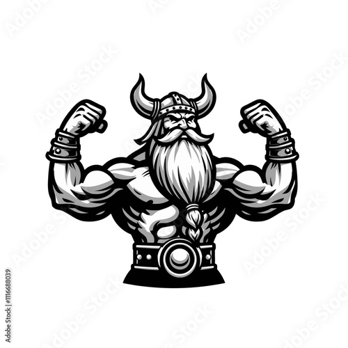 Muscular Viking Cartoon with Horned Helmet flexing muscules - Isolated Vector Illustration