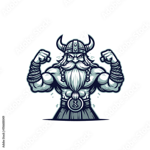 Viking flexing with cold and icy tones. Icy Viking Warrior Flexing Arms Isolated Vector Illustration photo