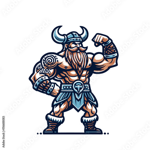 Viking flexing muscles with horns and tattooed arm. Strong Viking Warrior Showing Strength Isolated Vector Illustration