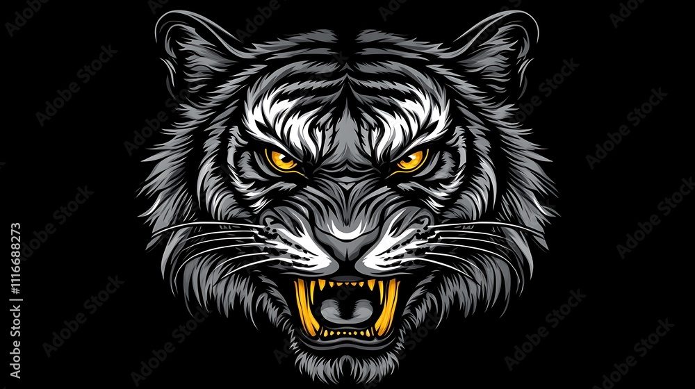 Obraz premium Close-up of a snarling tiger's head, detailed illustration with gray and gold accents against a black background.