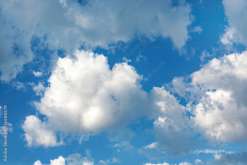 Fototapeta premium Fluffy white clouds on background of blue sky.