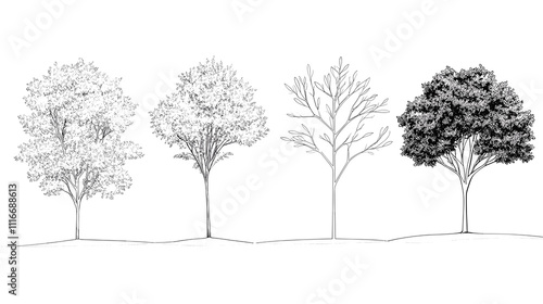 Architectural Drawings, Minimal style cad tree line drawing, Side view, set of graphics trees elements outline symbol for landscape design drawing. PNG illustration transparent background
