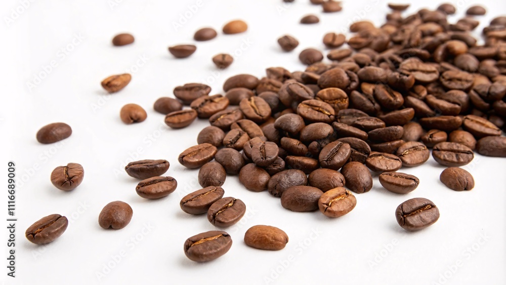 Obraz premium Spilled coffee beans on white background